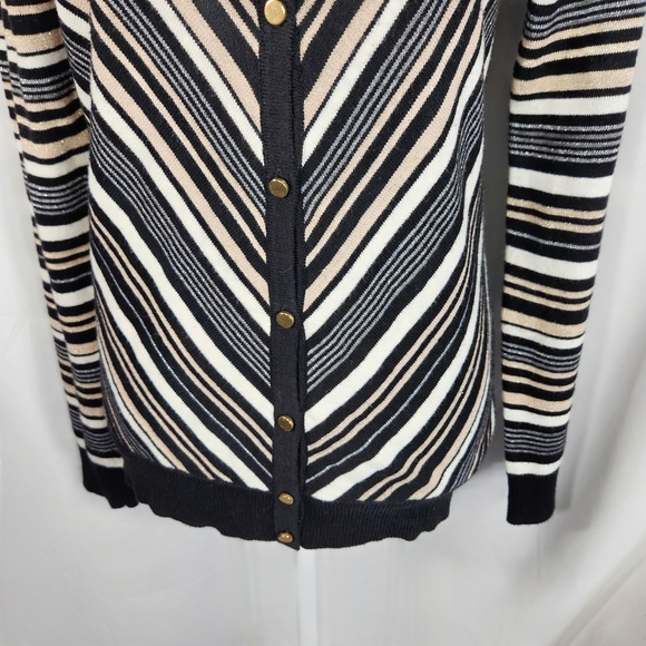 7th Avenue NWOT Black Tan White Grey Sparkly Asymmetrical Stripe Cardigan Medium - Picture 4 of 11